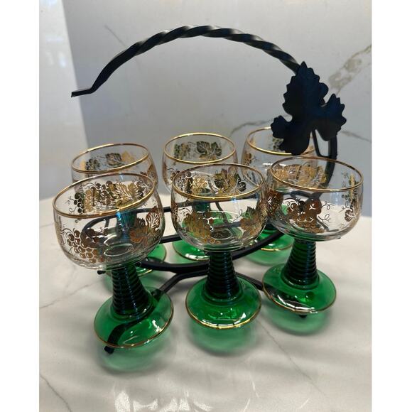 Set 6 Roemer Bockling Green Stem Trim Wine Glasses Wrought Iron Rack Germany - Picture 1 of 9